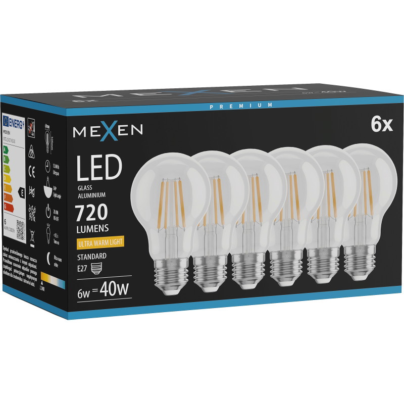 Mexen Vintis 6x LED filament lamp E27, A60, 6W, Warm - 2200K, 720 lm, helder - L150-E27-0622-00x06