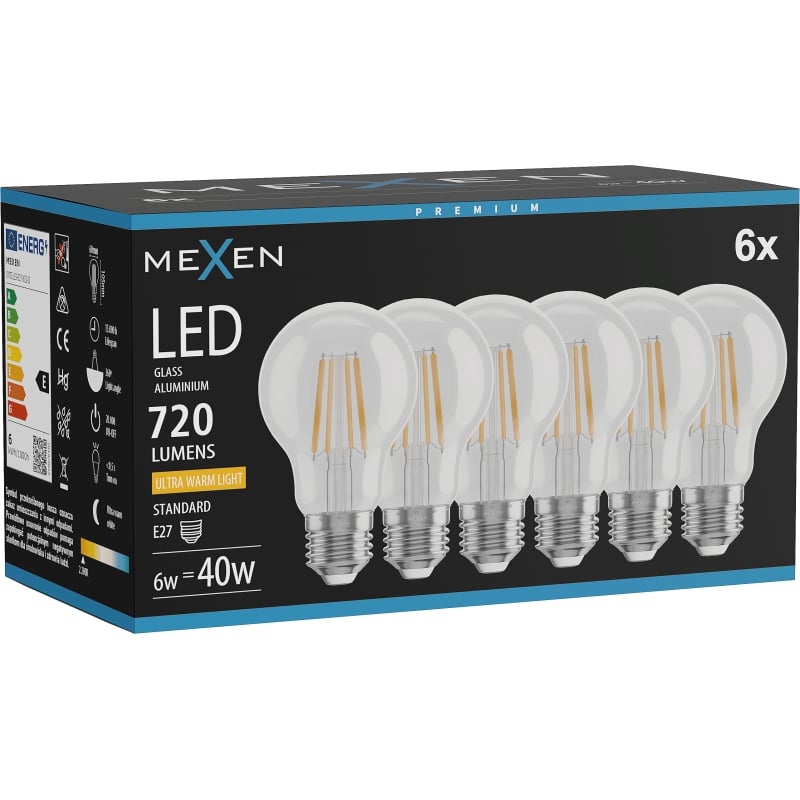 Mexen Vintis 6x LED-filamentlampa E27, A60, 6W, Varm - 2200K, 720 lm, klar - L150-E27-0622-00x06