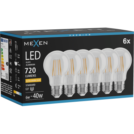Mexen Vintis 6x LED-Filamentlampe E27, A60, 6W, Warm - 2200K, 720 lm, klar - L150-E27-0622-00x06
