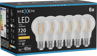 Mexen Vintis 6x Ampoule filament LED E27, A60, 6W, Chaude - 2200K, 720 lm, clair - L150-E27-0622-00x06