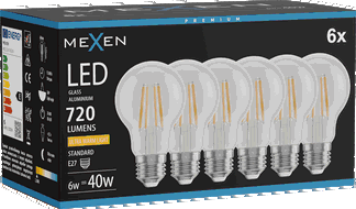 Mexen Vintis 6x LED filamenta spuldze E27, A60, 6W, Silts - 2200K, 720 lm, dzidrs - L150-E27-0622-00x06