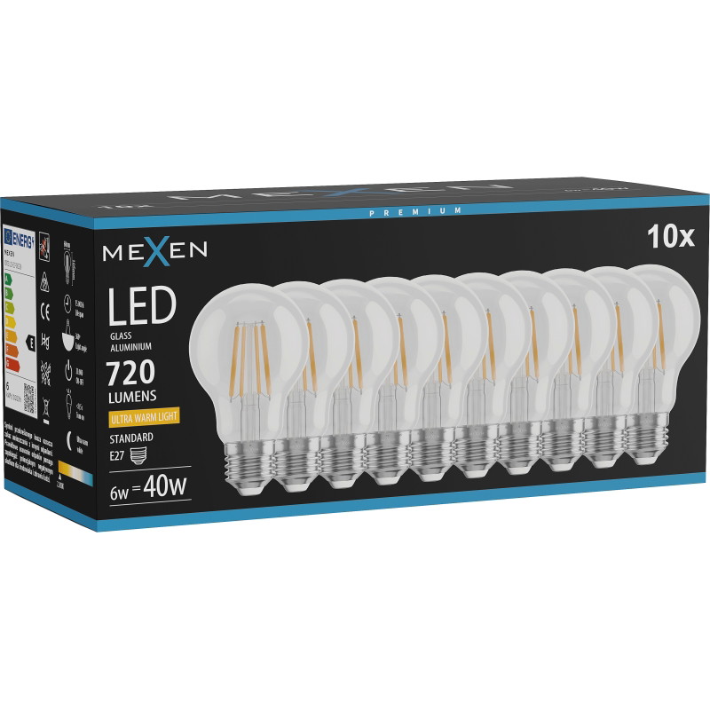 Mexen Vintis 10x Filamentti LED-lamppu E27, A60, 6W, Lämmin - 2200K, 720 lm, kirkas - L150-E27-0622-00x10