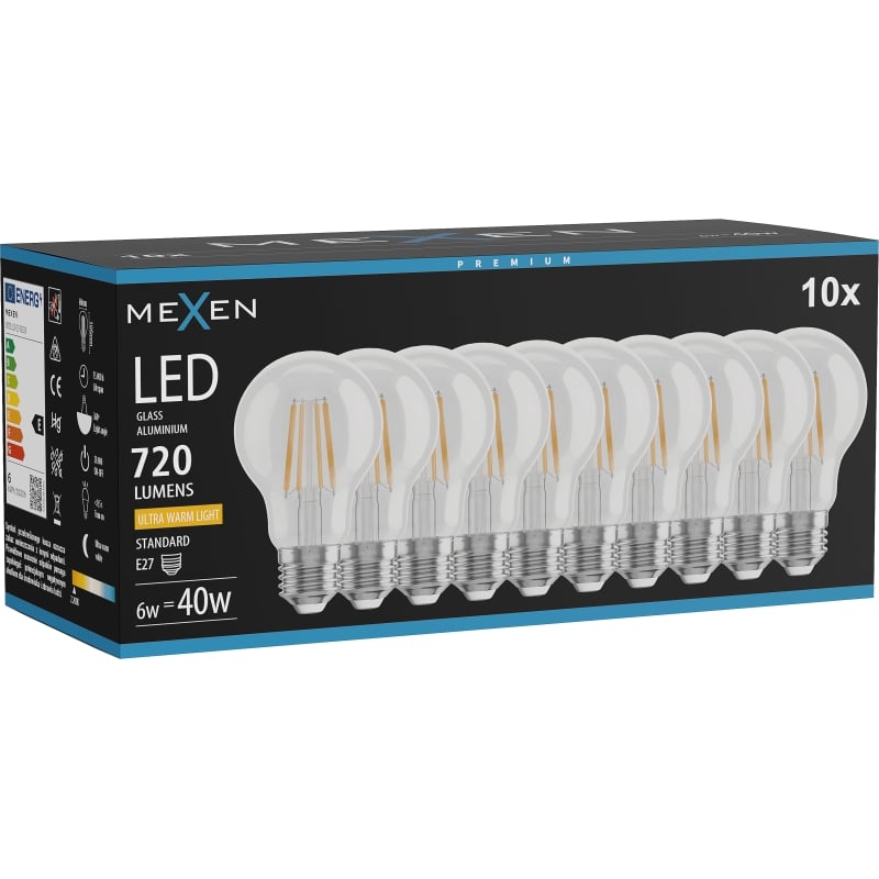 Mexen Vintis 10x LED-Filament-Glühbirne E27, A60, 6W, Warm - 2200K, 720 lm, klar - L150-E27-0622-00x10