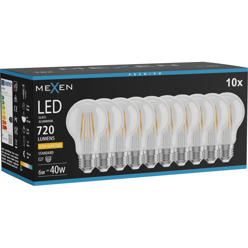 Mexen Vintis 10x LED filament žarnica E27, A60, 6W, Topla - 2200K, 720 lm, prozorna - L150-E27-0622-00x10