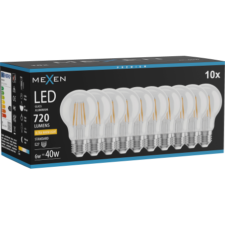 Mexen Vintis 10x LED-Filament-Glühbirne E27, A60, 6W, Warm - 2200K, 720 lm, klar - L150-E27-0622-00x10