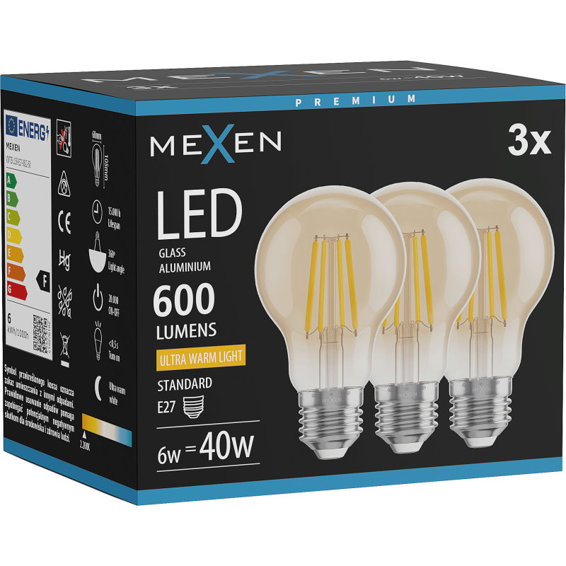 Mexen Vintis 3x Ampoule LED filament E27, A60, 6W, Chaude - 2200K, 600 lm, ambrée - L150-E27-0622-50x03