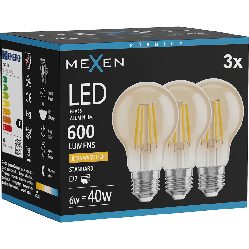 Mexen Vintis 3x Lampadina a filamento LED E27, A60, 6W, Calda - 2200K, 600 lm, ambra - L150-E27-0622-50x03