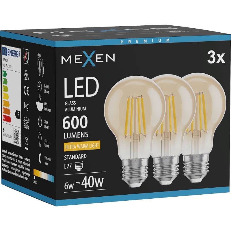 Mexen Vintis 3x LED filament glödlampa E27, A60, 6W, Varm - 2200K, 600 lm, amber - L150-E27-0622-50x03
