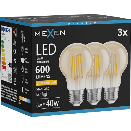 Mexen Vintis 3x Λάμπα LED νήματος E27, A60, 6W, Θερμή - 2200K, 600 lm, κεχριμπάρι