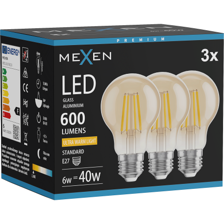 Mexen Vintis 3x LED žarnica filament E27, A60, 6W, Topla - 2200K, 600 lm, jantarna - L150-E27-0622-50x03