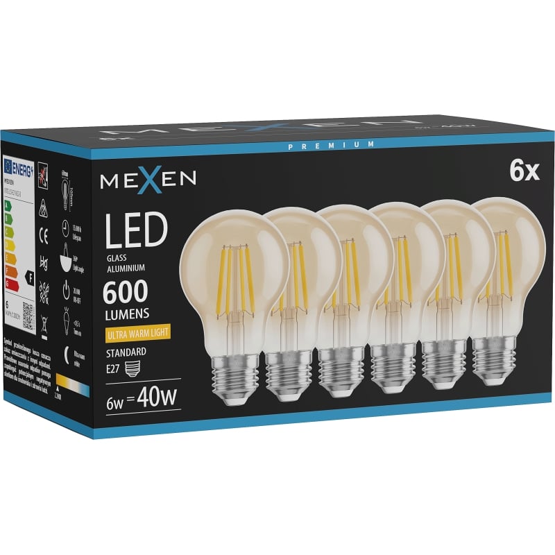 Mexen Vintis 6x Bombilla LED de filamento E27, A60, 6W, Cálida - 2200K, 600 lm, ámbar - L150-E27-0622-50x06