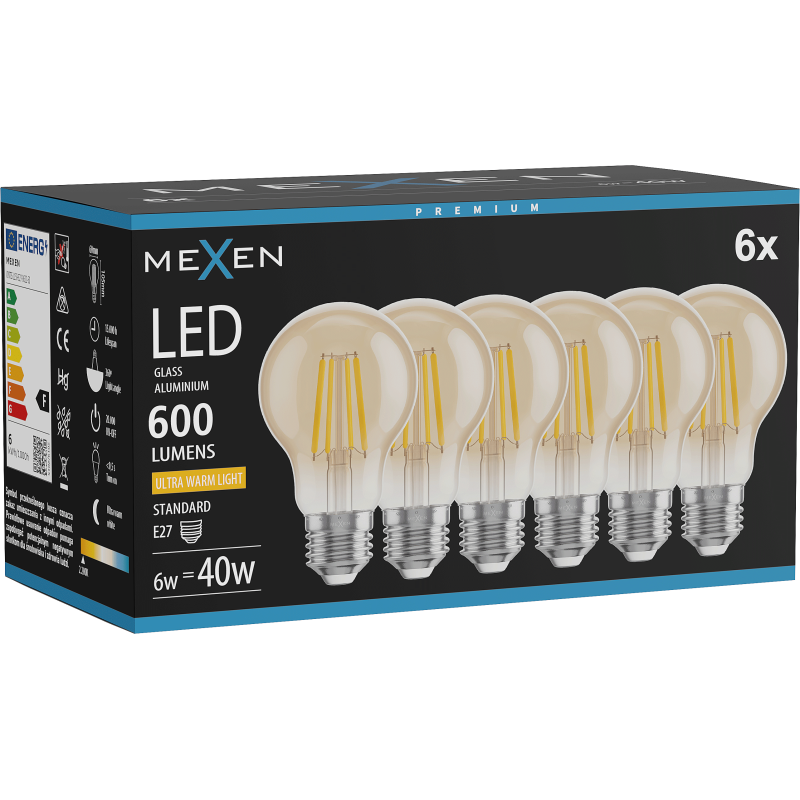 Mexen Vintis 6x LED žarnica z nitko E27, A60, 6W, Topla - 2200K, 600 lm, jantarna - L150-E27-0622-50x06
