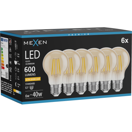 Mexen Vintis 6x LED-filamenttilamppu E27, A60, 6W, Lämmin - 2200K, 600 lm, meripihka - L150-E27-0622-50x06