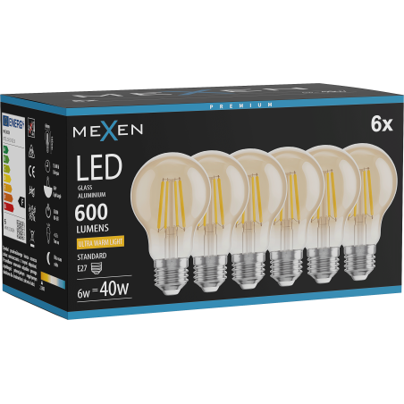 Mexen Vintis 6x LED žarnica z nitko E27, A60, 6W, Topla - 2200K, 600 lm, jantarna - L150-E27-0622-50x06