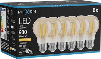 Mexen Vintis 6x LED svjetiljka filament E27, A60, 6W, Toplo - 2200K, 600 lm, jantar - L150-E27-0622-50x06