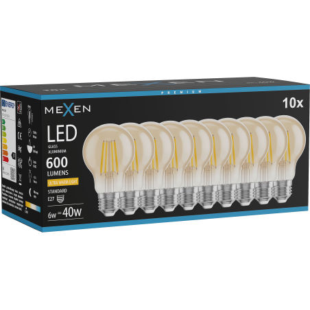 Mexen Vintis 10x LED-Filament-Glühbirne E27, A60, 6W, Warm - 2200K, 600 lm, amber - L150-E27-0622-50x10