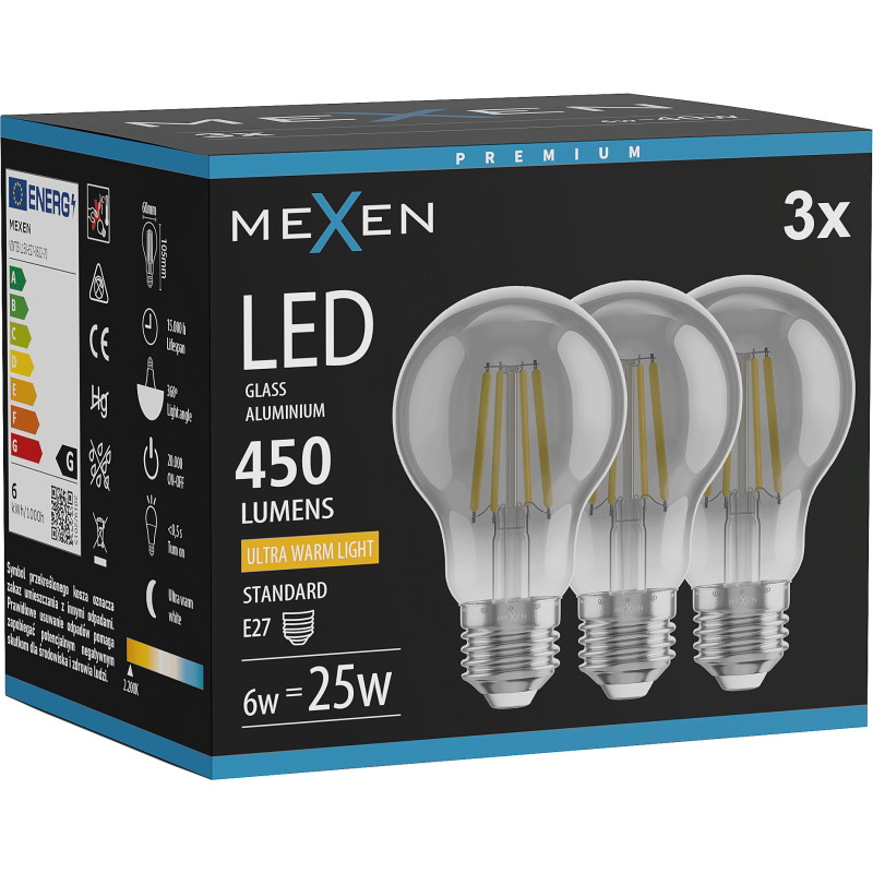 Mexen Vintis 3x LED-filamenttilamppu E27, A60, 6W, Lämmin - 2200K, 450 lm, savunharmaa - L150-E27-0622-70x03