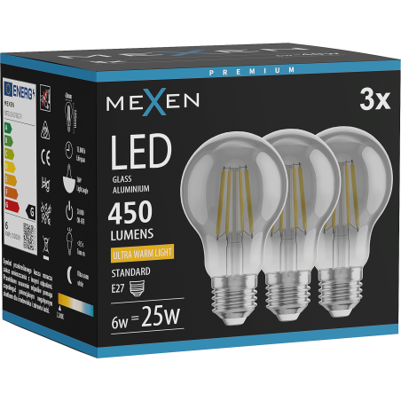 Mexen Vintis 3x LED-filamenttilamppu E27, A60, 6W, Lämmin - 2200K, 450 lm, savunharmaa - L150-E27-0622-70x03