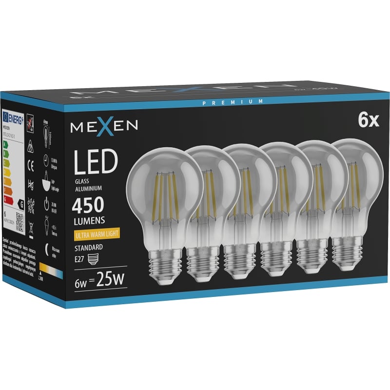 Mexen Vintis 6x LED-filamentlampa E27, A60, 6W, Varm - 2200K, 450 lm, rökfärgad - L150-E27-0622-70x06
