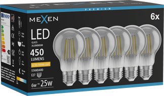 Mexen Vintis 6x LED hõõgniidiga lamp E27, A60, 6W, soe - 2200K, 450 lm, suitsune - L150-E27-0622-70x06