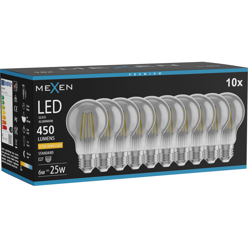 Mexen Vintis 10x Ampoule filament LED E27, A60, 6W, Chaude - 2200K, 450 lm, fumée - L150-E27-0622-70x10