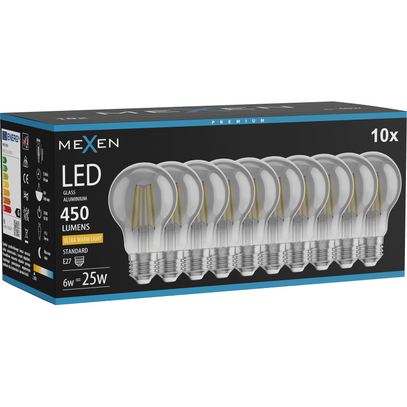 Mexen Vintis 10x bombilla de filamento LED E27, A60, 6W, Cálida - 2200K, 450 lm, humo - L150-E27-0622-70x10