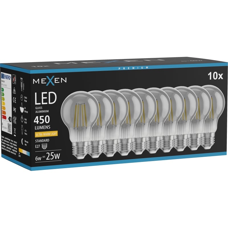 Mexen Vintis 10x LED filamentlampa E27, A60, 6W, Varm - 2200K, 450 lm, rök - L150-E27-0622-70x10