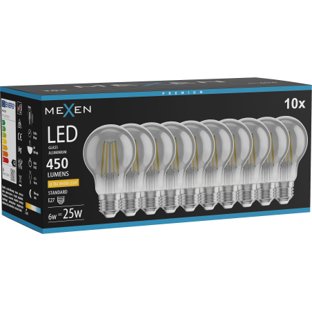 Mexen Vintis 10x LED filamentlampa E27, A60, 6W, Varm - 2200K, 450 lm, rök - L150-E27-0622-70x10