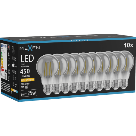 Mexen Vintis 10x LED-filamenttilamppu E27, A60, 6W, Lämmin - 2200K, 450 lm, savunharmaa - L150-E27-0622-70x10