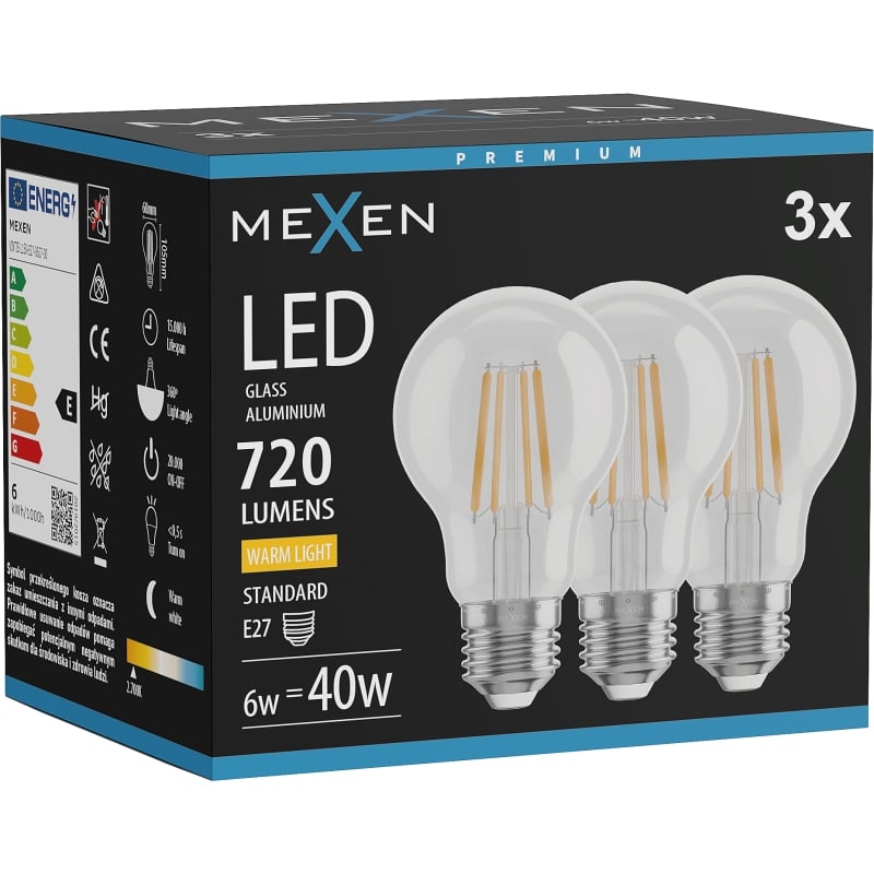 Mexen Vintis 3x LED filamentlampa E27, A60, 6W, Varm - 2700K, 720 lm, klar - L150-E27-0627-00x03