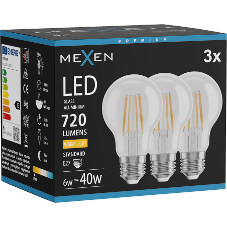 Mexen Vintis 3x Bombilla LED de filamento E27, A60, 6W, Cálida - 2700K, 720 lm, transparente - L150-E27-0627-00x03