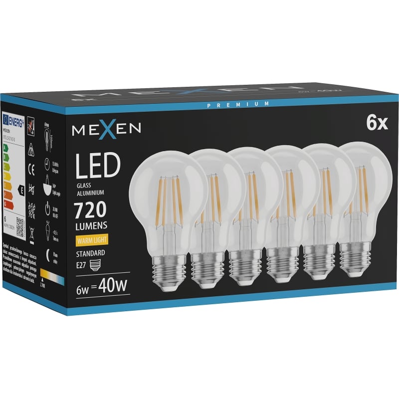 Mexen Vintis 6x LED filament glödlampa E27, A60, 6W, Varm - 2700K, 720 lm, klar - L150-E27-0627-00x06