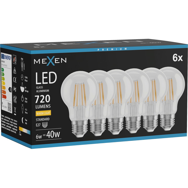 Mexen Vintis 6x LED filamentlamp E27, A60, 6W, Warm - 2700K, 720 lm, helder - L150-E27-0627-00x06