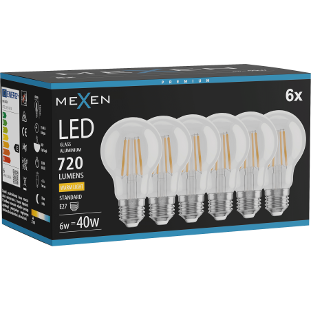 Mexen Vintis 6x Bombilla LED de filamento E27, A60, 6W, Cálida - 2700K, 720 lm, transparente - L150-E27-0627-00x06