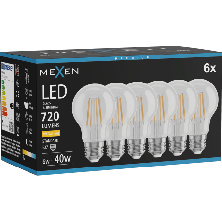 Mexen Vintis 6x LED spuldze ar diegu E27, A60, 6W, Siltais - 2700K, 720 lm, caurspīdīgs - L150-E27-0627-00x06