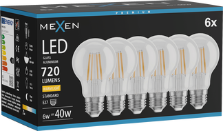 Mexen Vintis 6x LED hõõgniit pirn E27, A60, 6W, Soe - 2700K, 720 lm, läbipaistev - L150-E27-0627-00x06