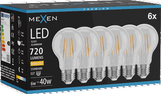 Mexen Vintis 6x LED spuldze ar diegu E27, A60, 6W, Siltais - 2700K, 720 lm, caurspīdīgs - L150-E27-0627-00x06