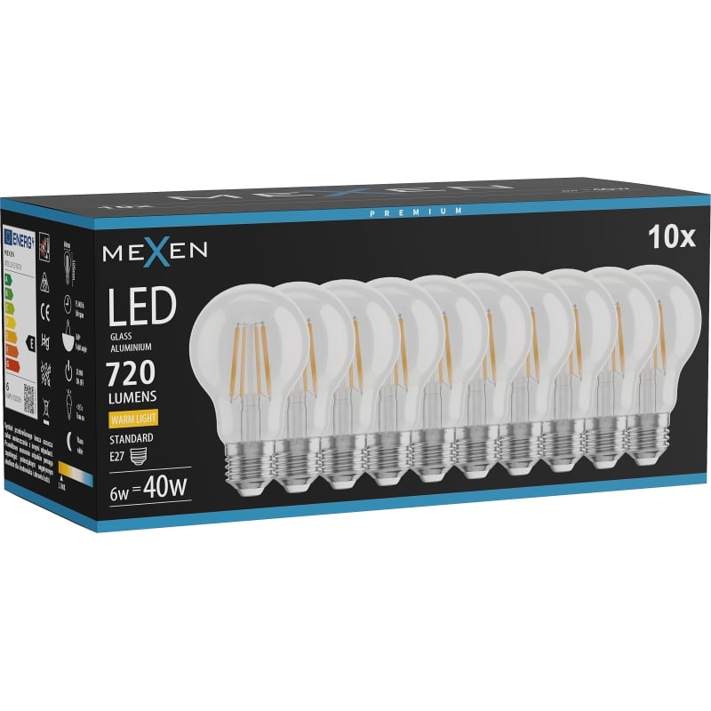 Mexen Vintis 10x Lampadina a filamento LED E27, A60, 6W, Calda - 2700K, 720 lm, trasparente - L150-E27-0627-00x10