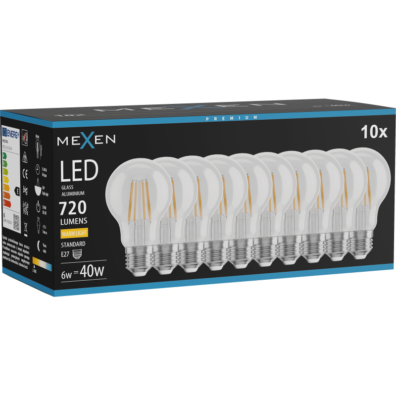 Mexen Vintis 10x LED kvēldiega spuldze E27, A60, 6W, Silta - 2700K, 720 lm, caurspīdīga - L150-E27-0627-00x10