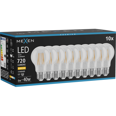 Mexen Vintis 10x LED kvēldiega spuldze E27, A60, 6W, Silta - 2700K, 720 lm, caurspīdīga - L150-E27-0627-00x10