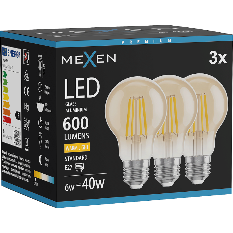 Mexen Vintis 3x Ampoule filament LED E27, A60, 6W, Chaude - 2700K, 600 lm, ambre - L150-E27-0627-50x03