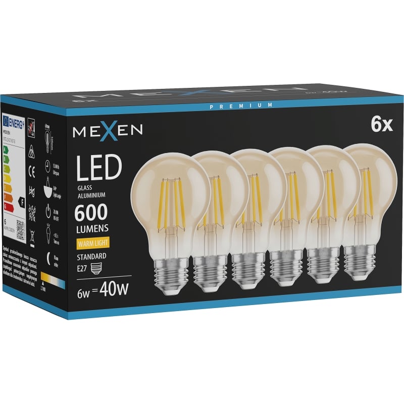 Mexen Vintis 6x Glödlampa filament LED E27, A60, 6W, Varm - 2700K, 600 lm, amber - L150-E27-0627-50x06