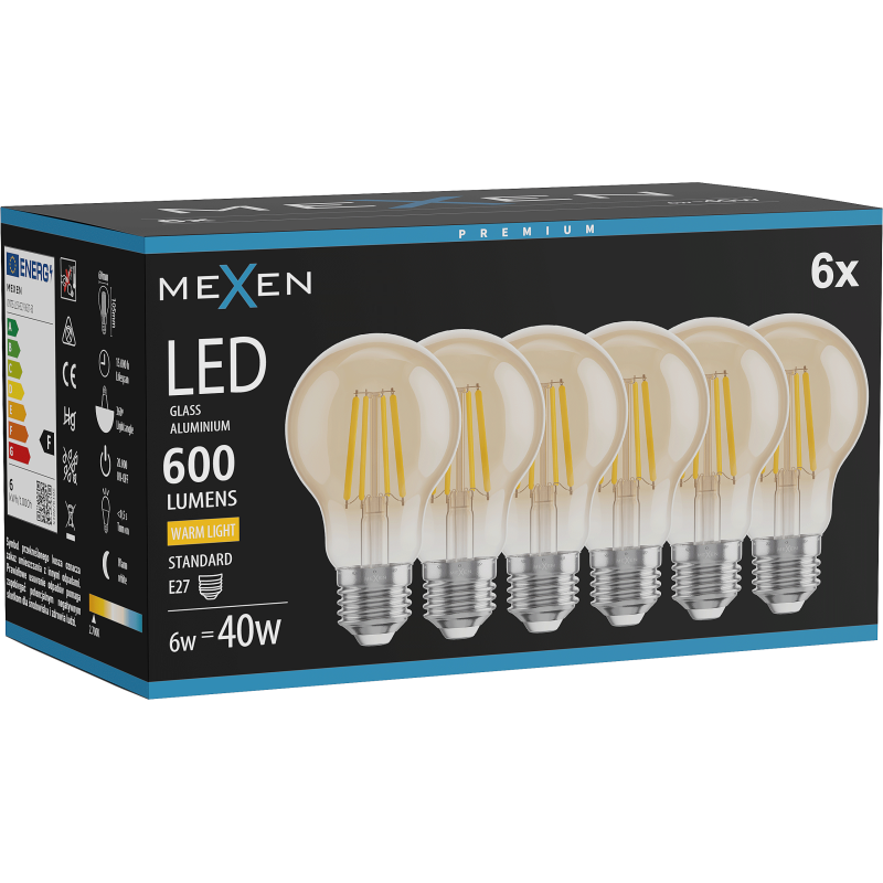 Mexen Vintis 6x LED kvēlspuldze E27, A60, 6W, Silta gaisma - 2700K, 600 lm, dzintara - L150-E27-0627-50x06