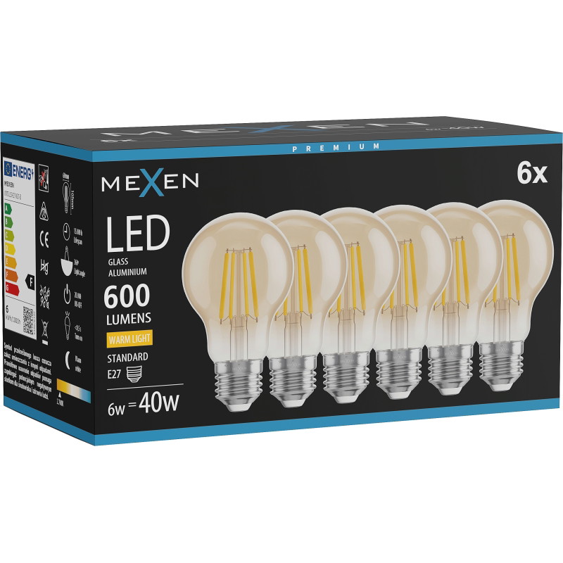 Mexen Vintis 6x żarówka filament LED E27, A60, 6W, Ciepła - 2700K, 600 lm, amber - L150-E27-0627-50x06