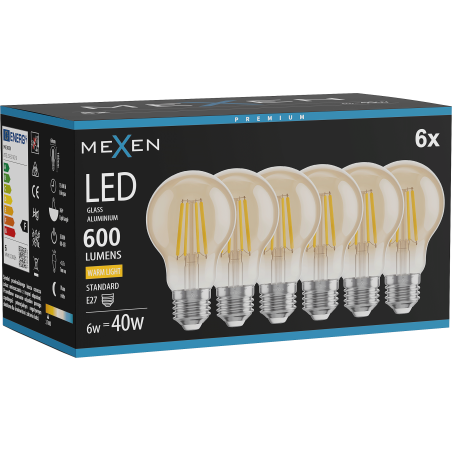 Mexen Vintis 6x Lampadina a filamento LED E27, A60, 6W, Calda - 2700K, 600 lm, ambra - L150-E27-0627-50x06