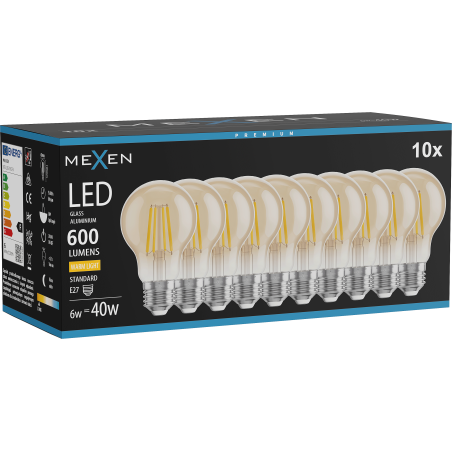 Mexen Vintis 10x LED filamenta spuldze E27, A60, 6W, Silta - 2700K, 600 lm, dzintara - L150-E27-0627-50x10