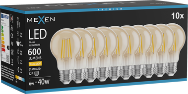 Mexen Vintis 10x hõõgniidiga LED-lamp E27, A60, 6W, Soe - 2700K, 600 lm, merevaik - L150-E27-0627-50x10