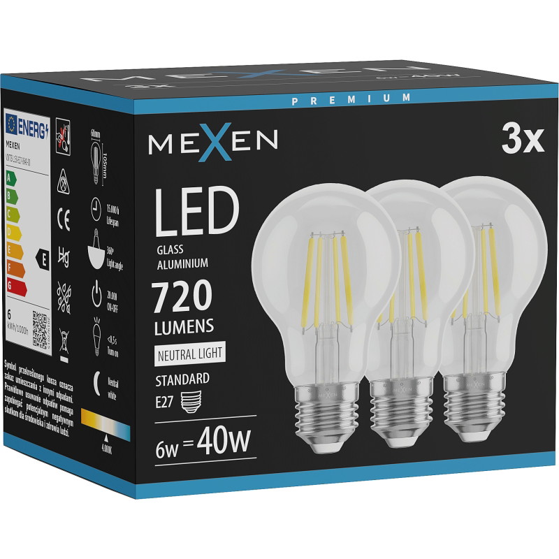 Mexen Vintis 3x bombilla de filamento LED E27, A60, 6W, Neutro - 4000K, 720 lm, claro - L150-E27-0640-00x03