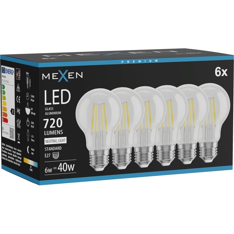 Mexen Vintis 6x LED-Filament-Glühbirne E27, A60, 6W, Neutral - 4000K, 720 lm, klar - L150-E27-0640-00x06