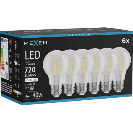 Mexen Vintis 6x Lampadina a filamento LED E27, A60, 6W, Neutro - 4000K, 720 lm, chiaro - L150-E27-0640-00x06